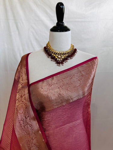 Banarasi Tissue Silk Saree | Metallic Onion Pink | Crushed Texture | Gold Zari | Handwoven | Ships from California